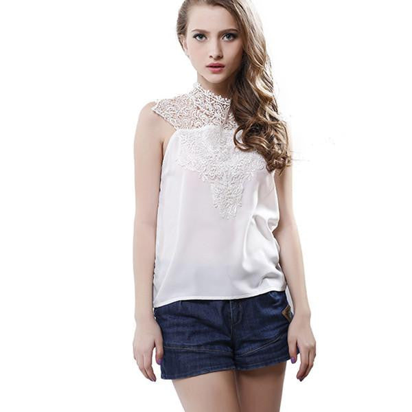 White Black Lace Blouse O Neck Hollow Out Chiffon Causal Sleeveless Tops Solid Loose Shirts