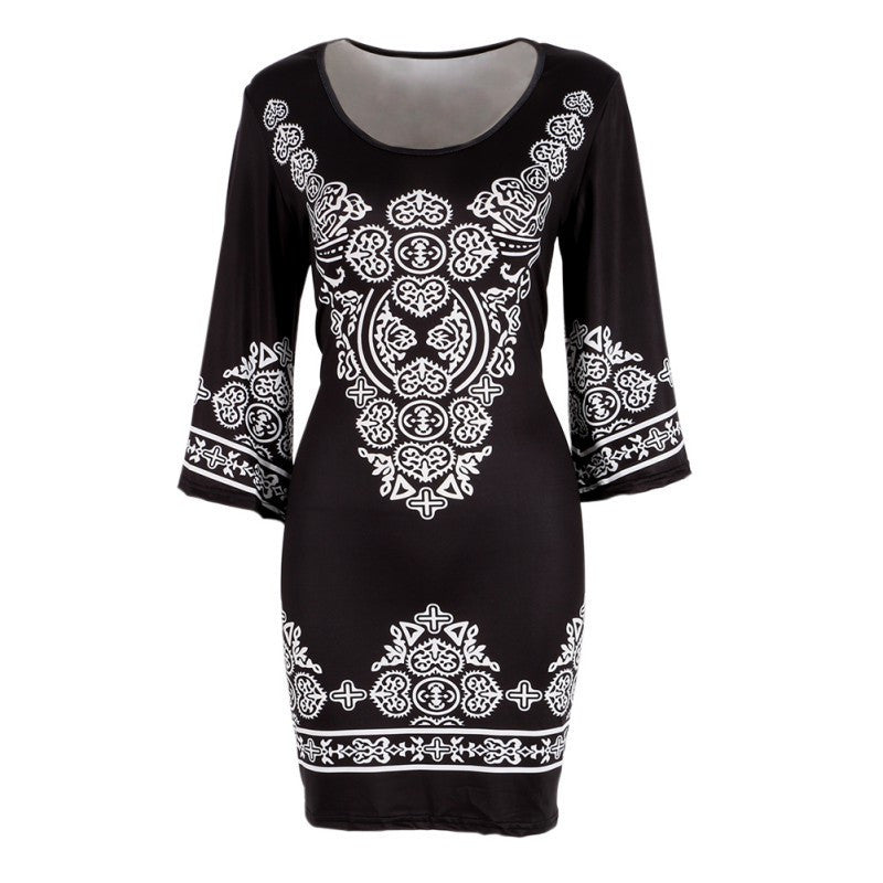 Retro Style Women Bodycon Dress Floral Printed 3/4 Sleeve Casual Mini Dresses Robe Femme LE3