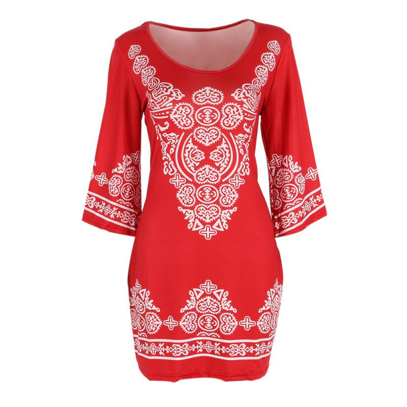 Retro Style Women Bodycon Dress Floral Printed 3/4 Sleeve Casual Mini Dresses Robe Femme LE3