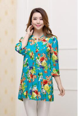 tops long shirt plus size women's fluid print casual loose 3/4 sleeve shirts female blouse 4XL