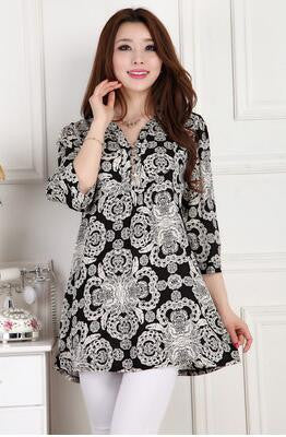 tops long shirt plus size women's fluid print casual loose 3/4 sleeve shirts female blouse 4XL