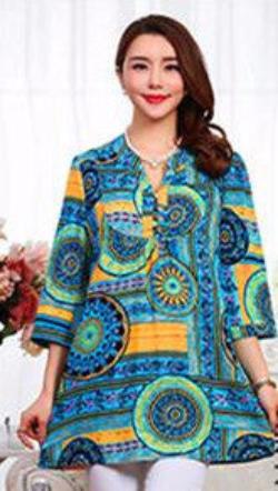 tops long shirt plus size women's fluid print casual loose 3/4 sleeve shirts female blouse 4XL