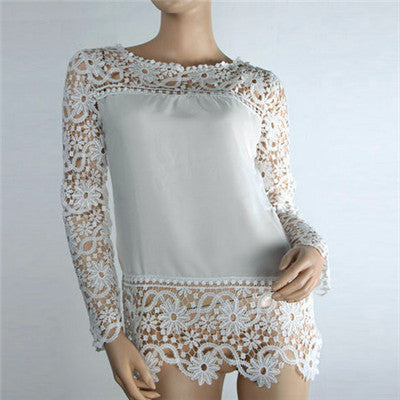 Online discount shop Australia - 5XL push size Women Chiffon Blouses Fashion Lace long Sleeve Shirt Crochet Tops XXXL