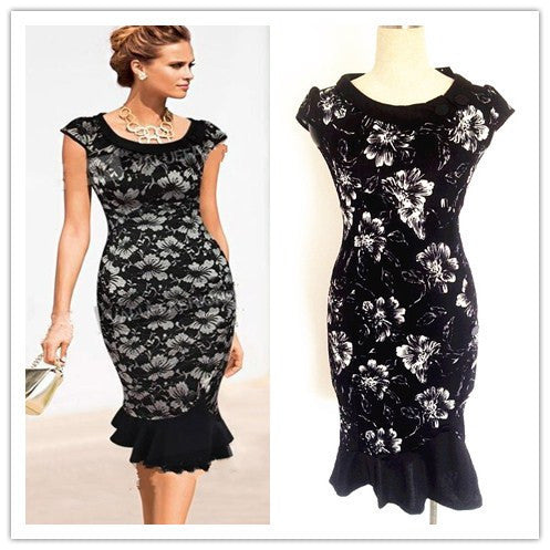 Womens Vintage Elegant Formal Lace Button Patchwork Tunic Wear To Work Party Mermaid Midi Pencil Wiggle Bodycon Dress