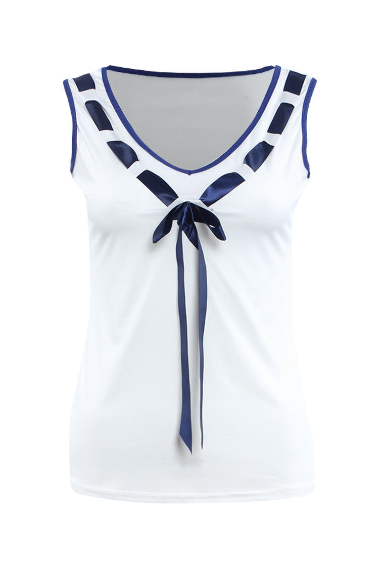 Fashion Vintage T Shirt Women Clothing Tops Sleeveless V-Neck With Bow T-shirt White Clothes