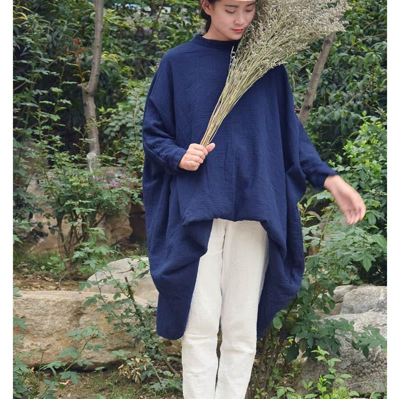 Women Tops Stand Collar Batwing Sleeve Big Shirts Loose Casual Dress 100%Cotton Women Dress Dress S67