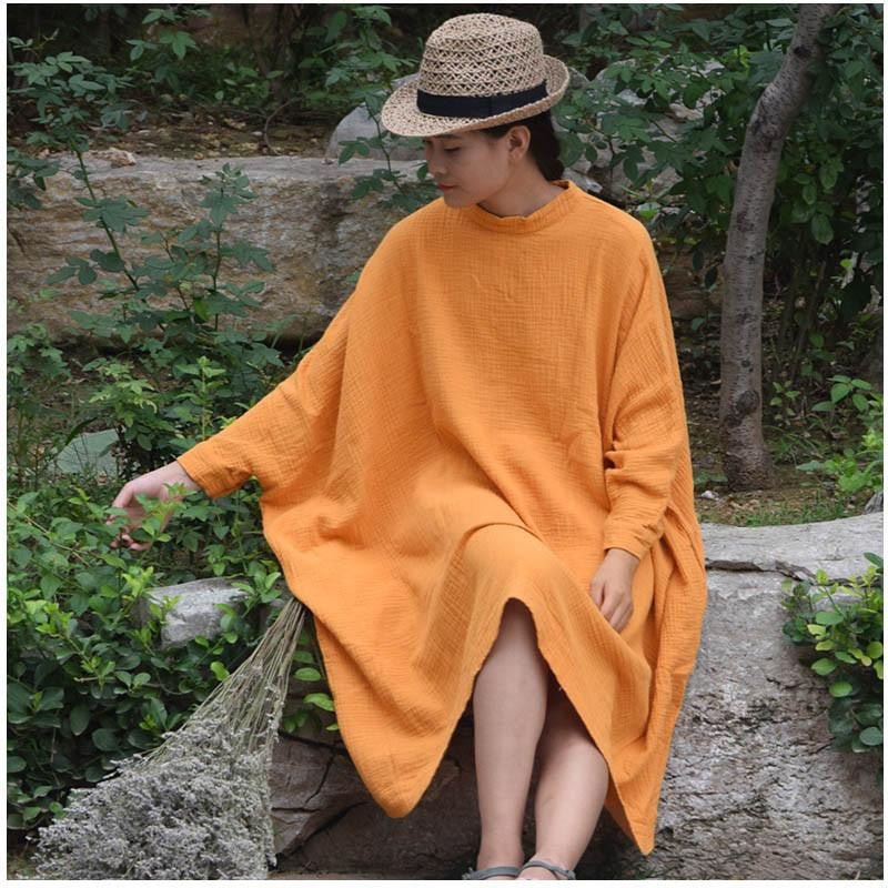 Women Tops Stand Collar Batwing Sleeve Big Shirts Loose Casual Dress 100%Cotton Women Dress Dress S67