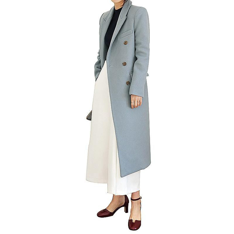 Women's Long Wool Blends Fashion Korean Style Slim Blue Khaki Black Woolen Outweare Coats Coat Women