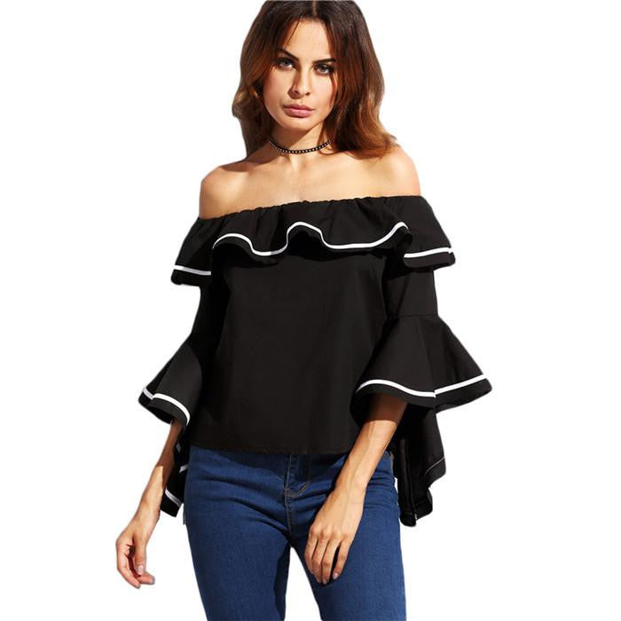 Striped Trim Off The Shoulder Ruffle Top Women Fashion Shirt Three Quarter Length Sleeve Blouse