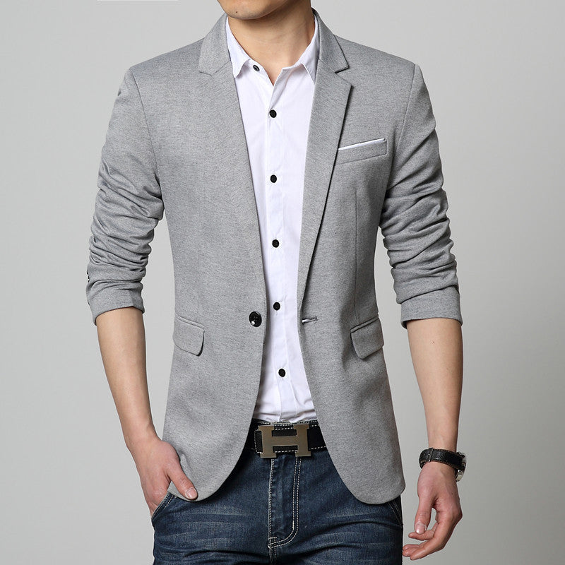 Slim Fit Casual jacket Cotton Men Blazer Jacket Single Button Gray Mens Suit Jacket Patchwork Coat Male Suite