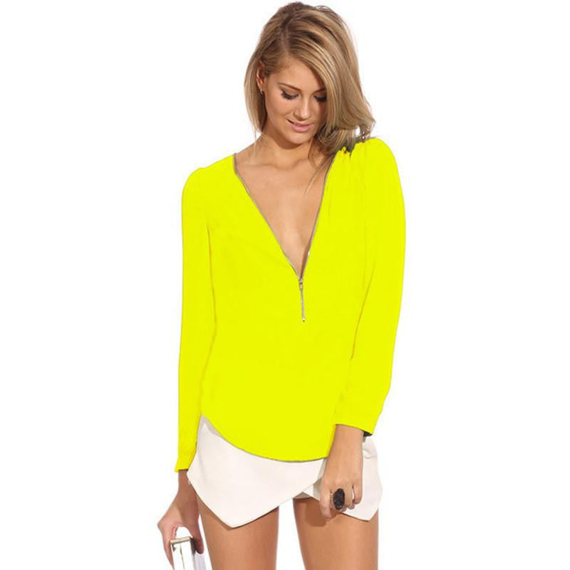 Solid Deep Zipper V Neck Long Sleeve Casual Chiffon Women Blouse 5XL 6XL