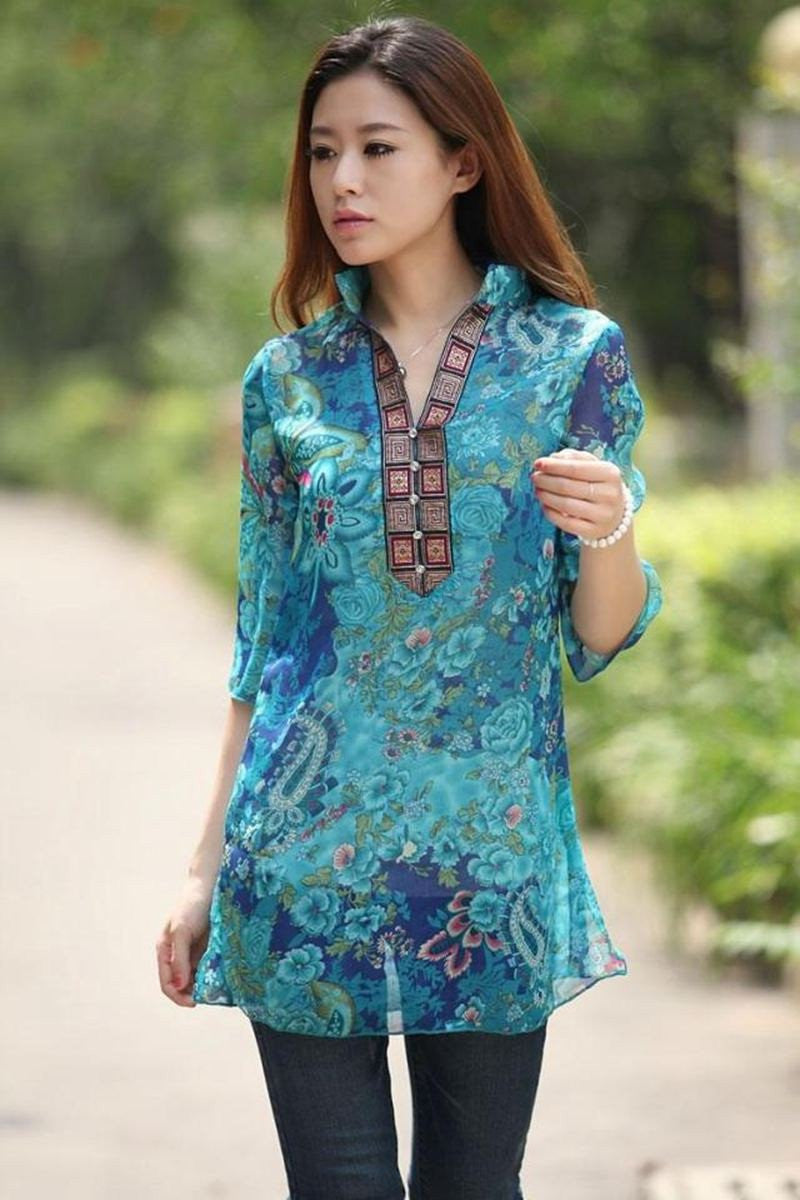 Women Chiffon Blouse Embroidery Vintage Shirt