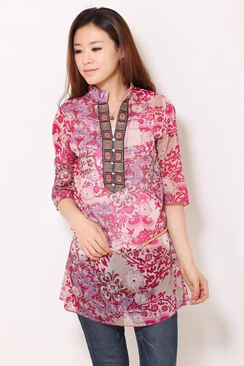 Women Chiffon Blouse Embroidery Vintage Shirt