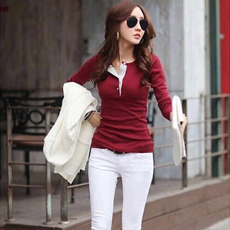 Online discount shop Australia - 5 Colors Women Long Sleeve Cotton Shirt Slim Ladies Tops Blouse Sweater