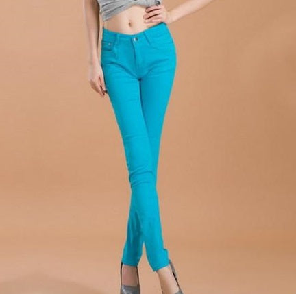 female slim show thin candycolor pencil denim pants / women's solid color casual carry buttock jeans