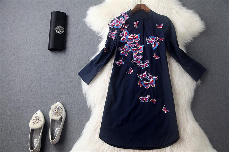 Women Embroidery Stereo Butterfly Blouse Unique Design Long Blouse Asymmetric Length 3/4 Sleeve Long Shirt For 4 Season