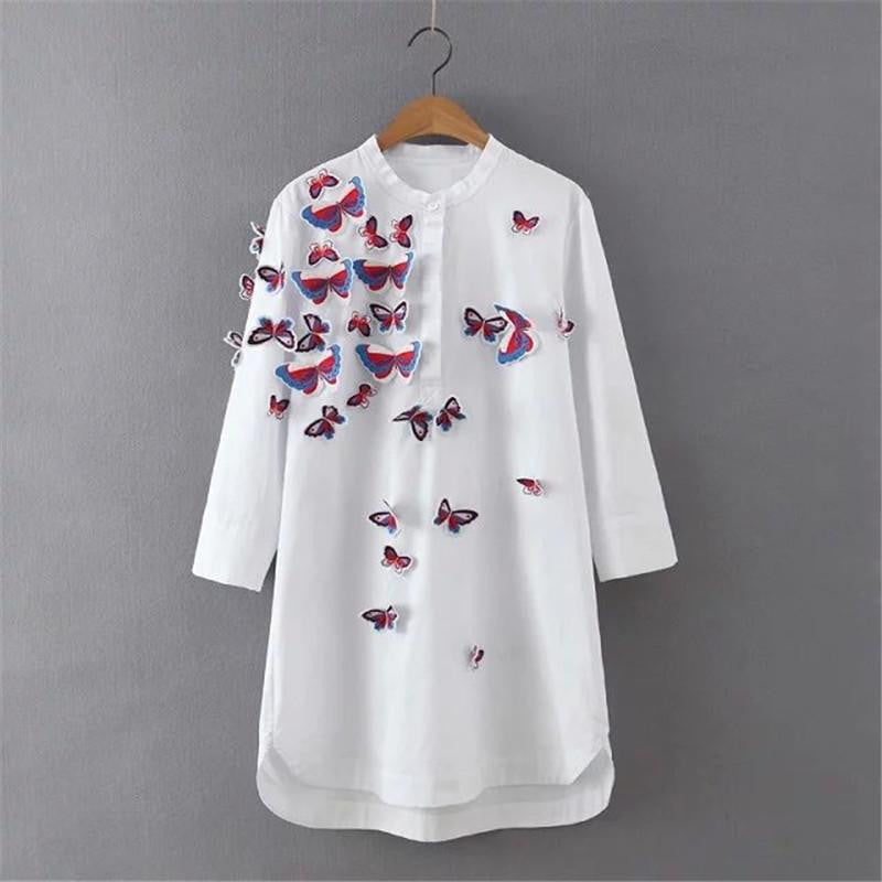 Women Embroidery Stereo Butterfly Blouse Unique Design Long Blouse Asymmetric Length 3/4 Sleeve Long Shirt For 4 Season