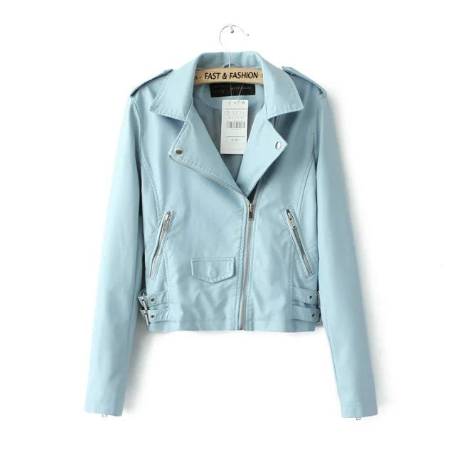 Women's Clothing Brand Fashion Slim Pink Blue Black Long-sleeved Faux Leather Jackets Women jacket