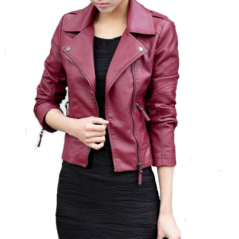 Women Leather Jacket Oblique Zipper Motorcycle Trendy Casual Faux Leather Solid Color Coat Plus Size 4XL