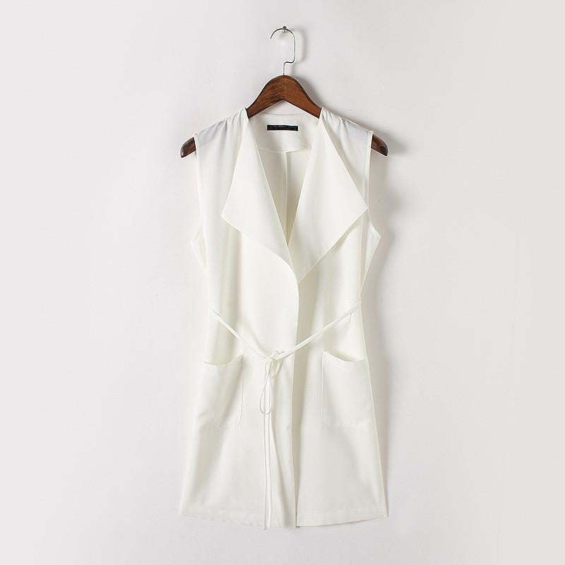 Women Ruffles Collar Vest OL Work Black White Vest With Sashes Asymmetric Length Ladies'Elegant Waistcoat