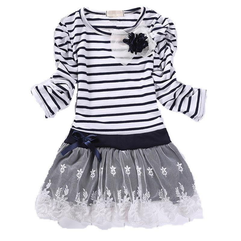 Online discount shop Australia - Children Wedding Dress Baby Girls Dresses Kids Striped Bow Long-Sleeved Lace Princess Casual Dress For Party