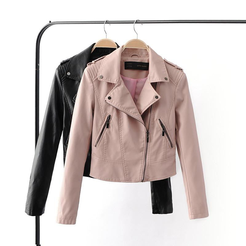 Women black faux leather jacket and coats motorcycle jackets Ladies biker Jacket pink leren jas