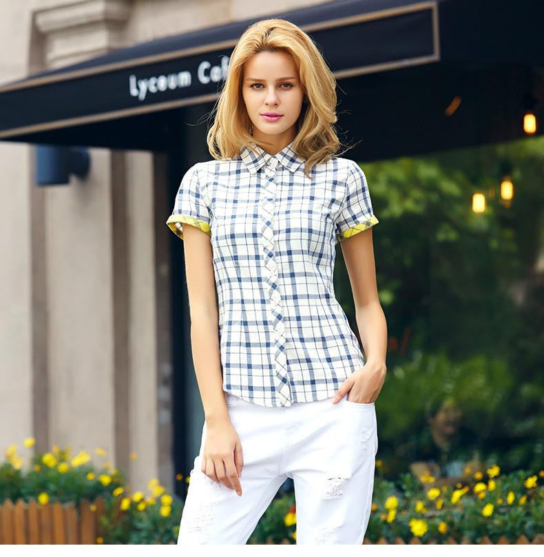 Veri Gude Plaid Shirts Women Short Sleeve Cotton Blouse for Contrast Color