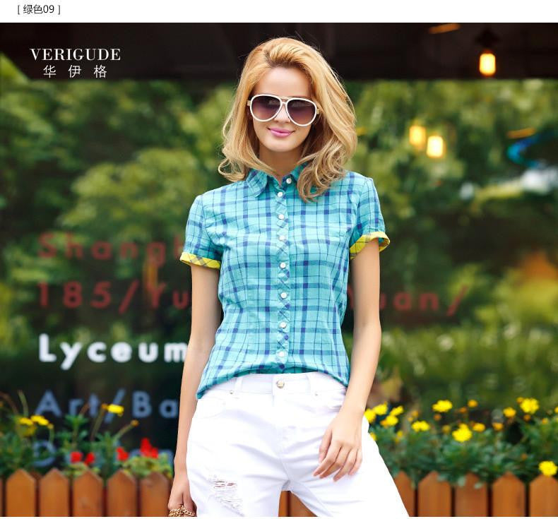 Veri Gude Plaid Shirts Women Short Sleeve Cotton Blouse for Contrast Color