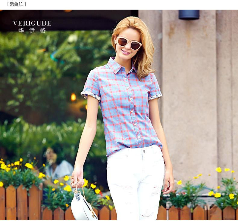 Veri Gude Plaid Shirts Women Short Sleeve Cotton Blouse for Contrast Color