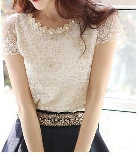 Women's chiffon shirts Short Sleeve Collar Beading Embroidery O-neck Lace blouse Tops Female Clothing J0569