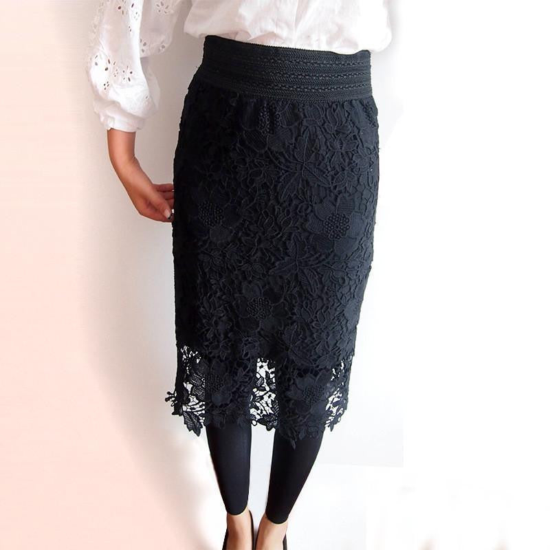 Women Lace Skirt A-Line Hollow Out White Black SKirt Knee Length Plus SIze S-3XL