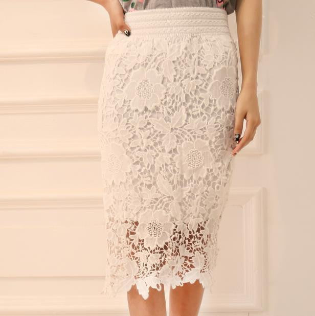 Women Lace Skirt A-Line Hollow Out White Black SKirt Knee Length Plus SIze S-3XL