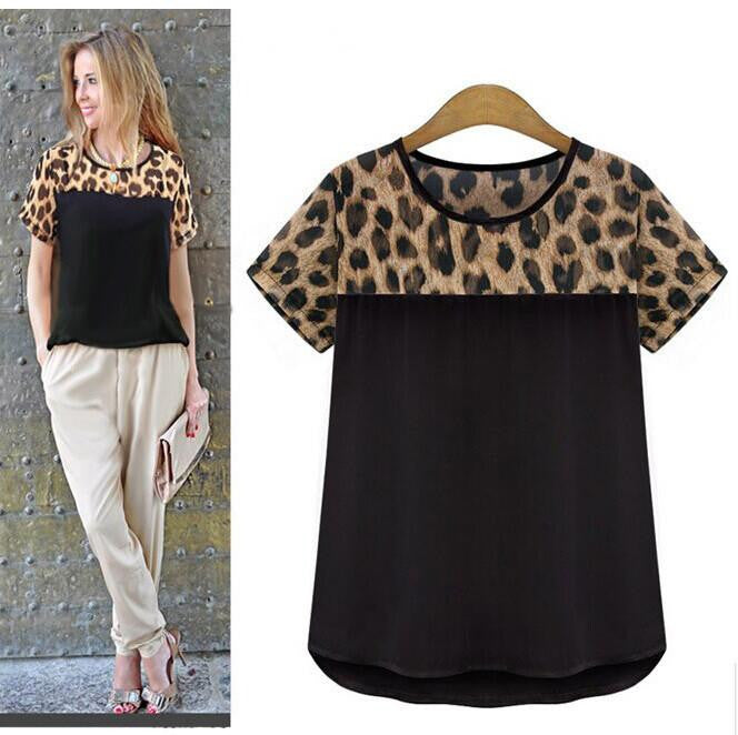Women Blouses Leopard Print Short Sleeve Chiffon Shirts Ladies Tops Casual Women's Clothing White Black