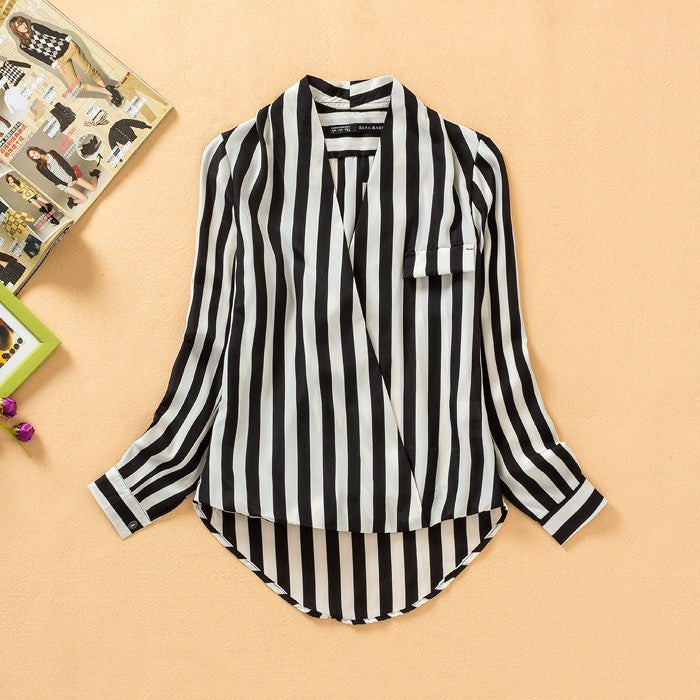 European Style Fashion Long Sleeve Striped Bodysuit Chiffon Blouse Women Office Shirts And Tops V Neck Clothing