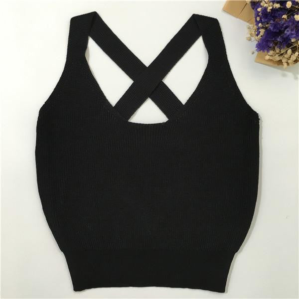 Women Fitness Crop Top Short Knitted Cami Round Neck Cross Back Women Crop Tops Short Bustier Crop Top