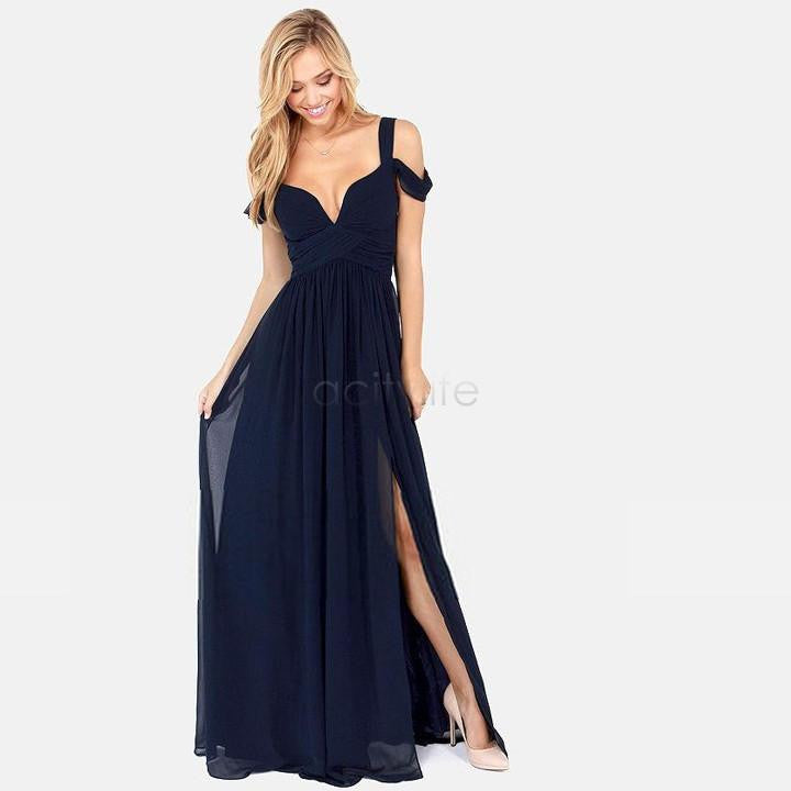 Women Casual Dress Summer Fashion Long Elegant Chiffon Dress Deep V-Neck Split Party Maxi Dress Strap