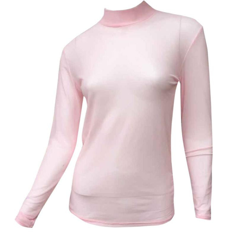 Women See Through Transparent Mesh Stand Neck Long Sleeve Sheer Blouse Shirts Ladies Tee Tops