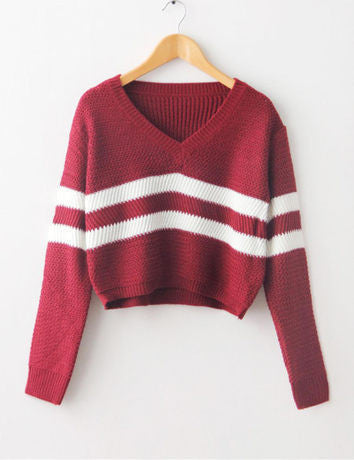 Online discount shop Australia - 4 Colors Women Sweaters Pullovers V-neck Crop Tops Striped Long Sleeve Knitted Sweater  T4N510