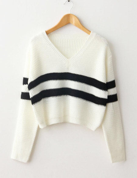 Online discount shop Australia - 4 Colors Women Sweaters Pullovers V-neck Crop Tops Striped Long Sleeve Knitted Sweater  T4N510