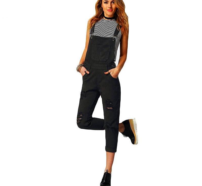 Jumpsuit Denim Overalls Black Strap Ripped Pockets Full Length Women Jeans Jumpsuit