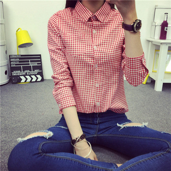 small Plaid Women Blouse Casual Lapel Shirt OL Long Sleeve Cotton Shirts Women Classic Grid Shirts Tops Pluse size