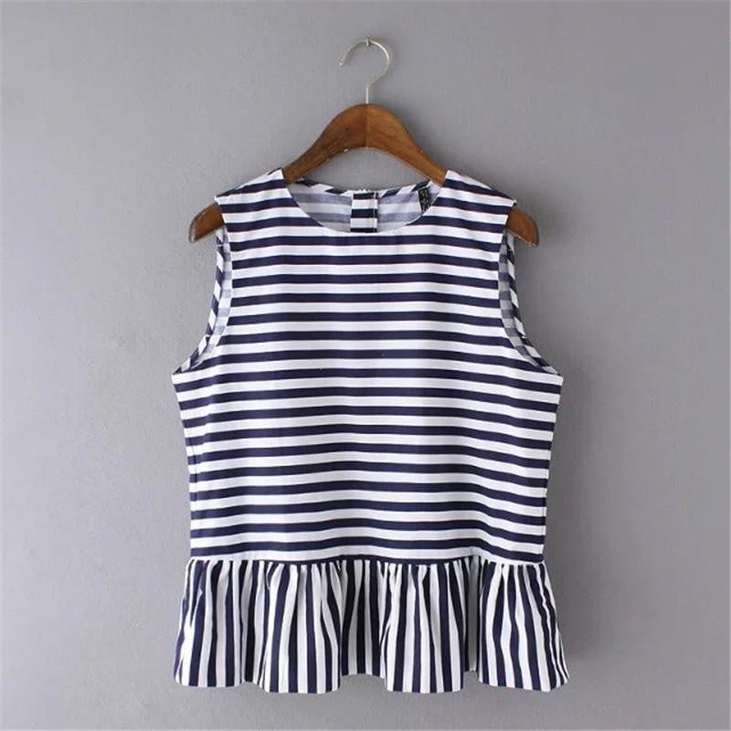 Women Striped Ruffles Tops Fashion Causal Sleeveless Peplum Blouse OL Elegant Blouse Tunic