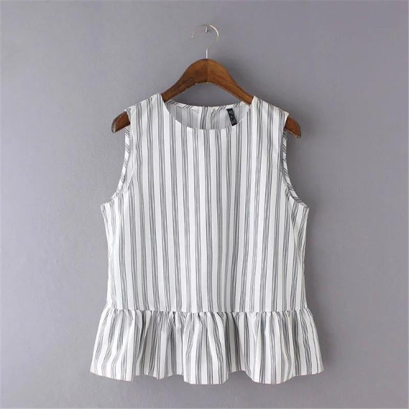 Women Striped Ruffles Tops Fashion Causal Sleeveless Peplum Blouse OL Elegant Blouse Tunic