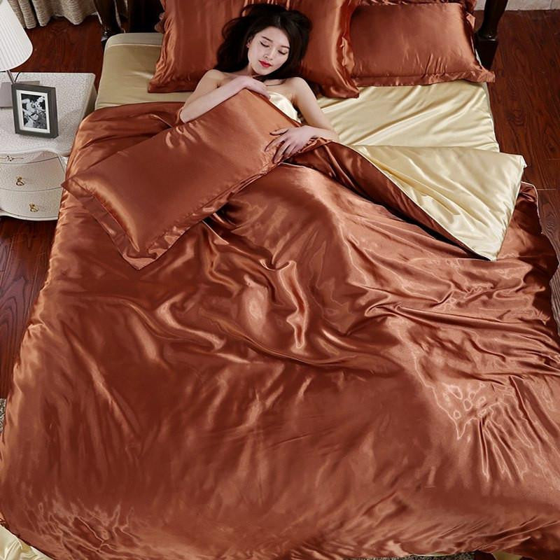 Satin Silk Bedding Set Queen Size Bedsheet Sets Bedclothes Solid Duvet Cover Set Sheet