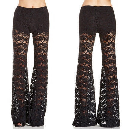Online discount shop Australia - lace flowers hollow out the double perspective trousers Flared trousers female