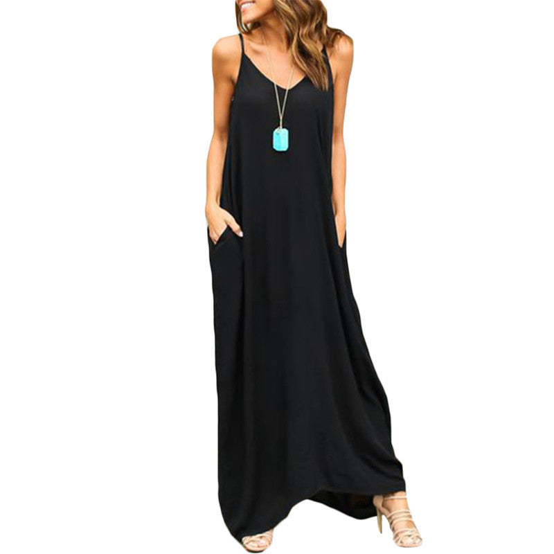 ROMWE Womens Summer Loose-Fit Maxi Cami Dresses Ladies Spaghetti Strap Casual With Pockets Sleeveless Loose Dress