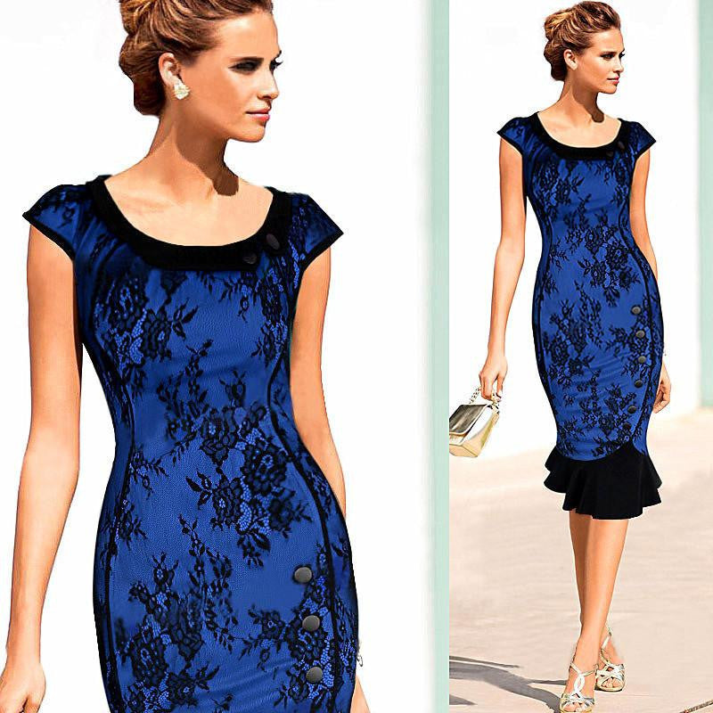 Womens Vintage Elegant Formal Lace Button Patchwork Tunic Wear To Work Party Wiggle Pencil Bodycon Dress