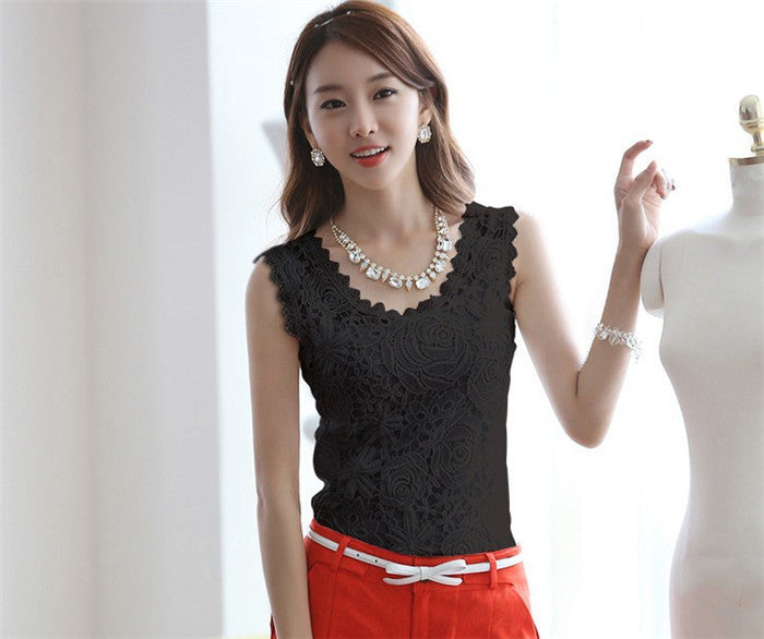 Plus Size XXL Women Blouse Lace Vintage Sleeveless White Black Crochet Casual Shirts Tops
