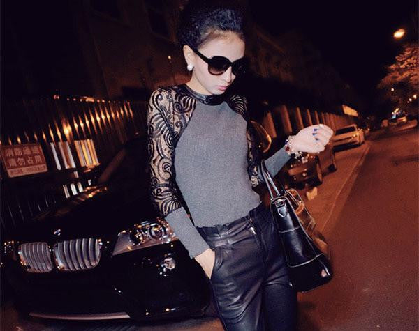 Women Long Sleeve Lace T-shirt Slim Knitwear Leather Crew Neck Knitted Tops