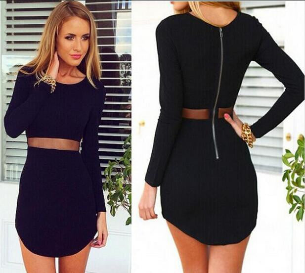 Online discount shop Australia - female long sleeve o-neck dress / Women solid color Slim above knee Mini dress